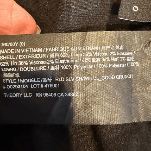 Theory Linen Viscose Roll Sleeve One Button Black Fluid Crunch Blazer Size 0 - Picture 4 of 9